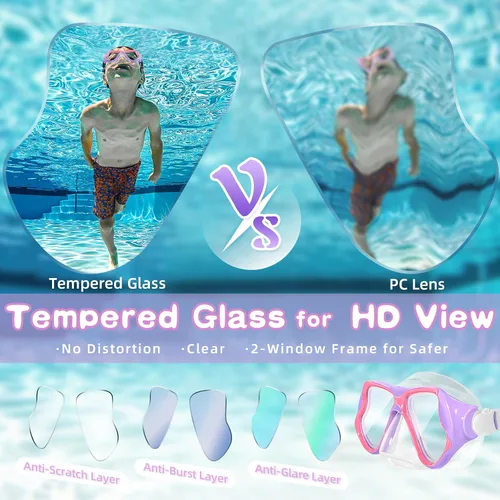 Miniatura 4 de Freela Paquete de 2 gafas de natación para niños y niñas de 3 a 14 años, lente de vidrio templado de 180° HD con cubierta de nariz para piscina