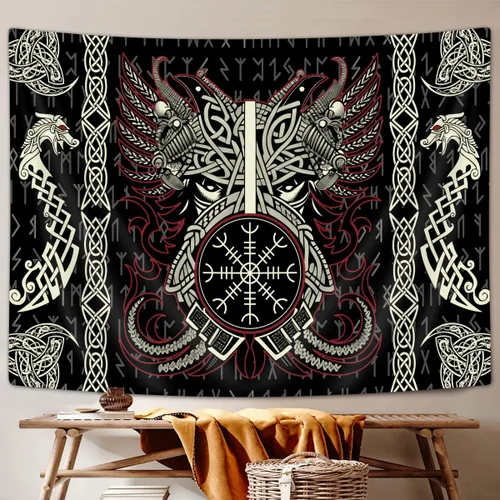 Miniatura 2 de Ptrxobj Tapiz nórdico vikingo, fresco dragón fénix tapiz colgante de pared para hombres dormitorio, mitología noruega retro pagana celta negro
