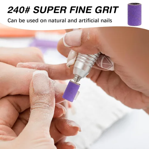Miniatura 2 de Bandas de lijado para taladro de uñas de grano 240, bandas de lijado de uñas extremadamente finas, 200 bandas de lijado profesionales moradas y 2