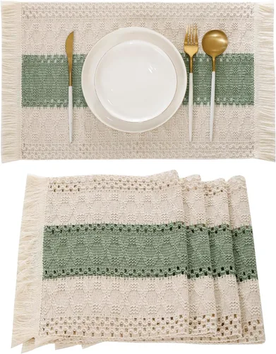Juego de 4 manteles individuales verdes de macramé para decoración de mesa con flecos, manteles individuales tejidos de arpillera natural para mesa