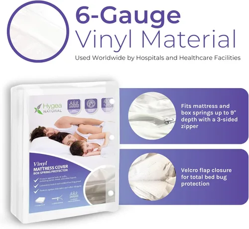 Miniatura 4 de Hygea Natural Funda de colchón y somier de vinilo resistente sin desgarros, impermeable, antiinsectos y alérgenos, con cremallera, 39 x 80 x 9