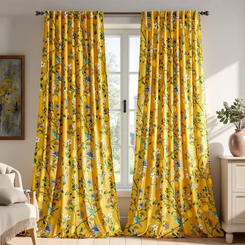 Cortinas de Lujo de Terciopelo Floral en Amarillo Mostaza 84 Pulgadas para Sala de Estar, Cortinas Oscuras Botánicas Vintage Victorianas, 2 Paneles