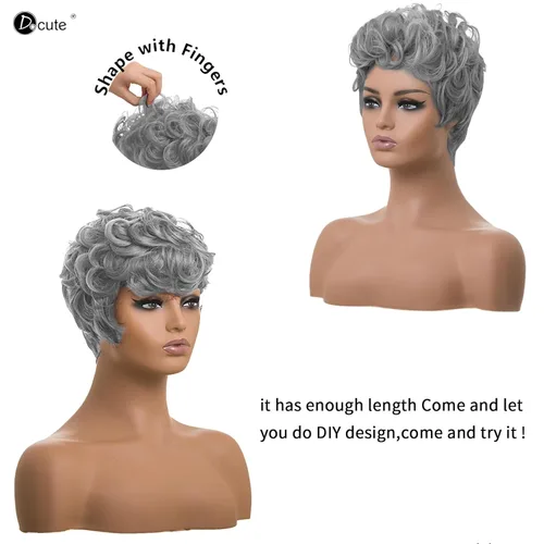 Miniatura 6 de DOcute Peluca gris para personas negras, corte pixie con flequillo, peluca rizada corta para mujeres negras, peluca rizada esponjosa para mujeres