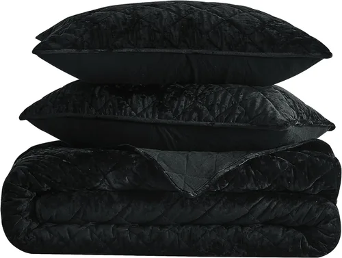 Miniatura 9 de Chezmoi Collection Lux - Juego de edredón de terciopelo negro extra grande, ropa de cama de terciopelo envejecido de 3 piezas para todas