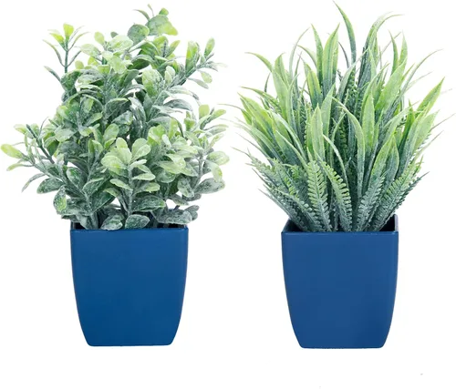summer flower Paquete de 2 plantas falsas en maceta, pequeñas plantas artificiales de eucalipto en maceta, romero sintético en maceta para