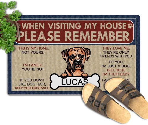 Tapete para puerta de 30 x 18 pulgadas, nombre del perro cuando visitas la casa de mi perro, tapete personalizado de bajo perfil para interiores y