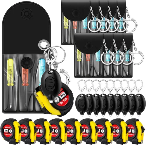 Miniatura 9 de Jutom Juego de 18 llaveros con mini destornillador, cinta métrica, luces LED, regalo para el día del padre, a granel para hombres adultos (colorido)