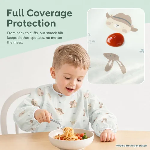 Miniatura 5 de Little Dimsum Paquete de 2 baberos de alimentación de manga completa, delantal impermeable para bebés y niños pequeños, protección alimentaria
