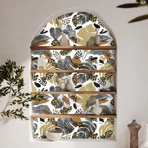 Miniatura 4 de Papel tapiz vintage de hojas grises y marrones de 17.7 x 118 pulgadas, papel tapiz autoadhesivo con palmeras tropicales, manchas de leopardo, hojas B