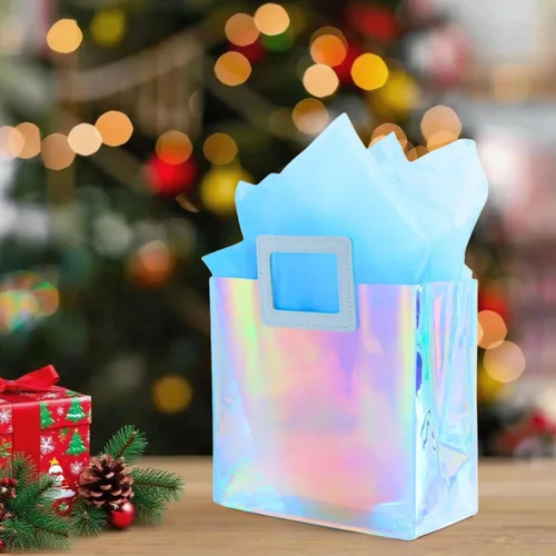 Miniatura 7 de Bolsa de regalo pequeña holográfica de 8.3'' con papel de seda, bolsa de regalo reutilizable para cumpleaños para niñas y mujeres, bolsa iridescente