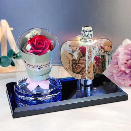Miniatura 9 de Luz de foto personalizada mexicana LED rosa flor cristal rectangular foto marco personalidad luz 3D cristal foto marco regalo de Navidad, AZUL
