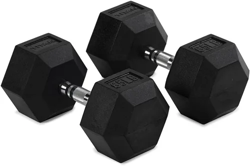 Miniatura 16 de Titan Fitness Pair Rubber Coated Hex Dumbbells, Roll-Resistant Hexagonal Free Weights, Chrome-Coated Handles with Knurling, Strength Training