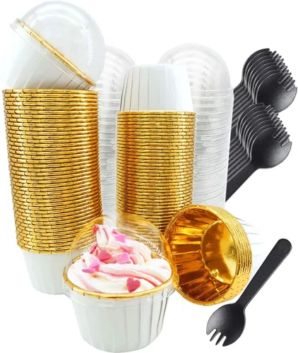 Miniatura 10 de Free-Air - Moldes para cupcakes con tapas de cúpula, paquete de 100 unidades, mini moldes de aluminio para hornear magdalenas, moldes desechables