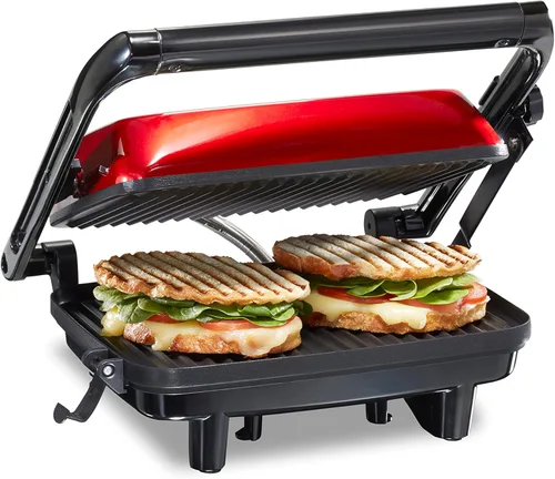 Hamilton Beach Panini Press Sandwichera y Parrilla Eléctrica para Interiores con Tapa con Seguro, se Abre Completamente para Adaptarse a Cualquier