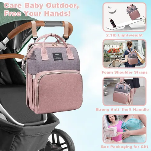 Miniatura 6 de Bolsa de pañales con cambiador, mochila para pañales, bolsa de pañales de viaje 7 en 1, bolsa para mamá con puerto de carga USB (rosa-gris)
