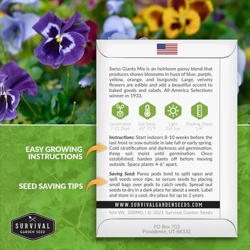 Miniatura 2 de Survival Garden Seeds - Semillas de pensamiento Swiss Giant Mix para plantar - Paquete con instrucciones para plantar y cultivar pensamientos