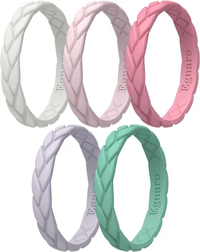 Miniatura 98 de Egnaro Anillos de boda de silicona para ella, conjuntos de novia de goma para mujer, bandas finas, diseño trenzado de hojas apilables con ranuras