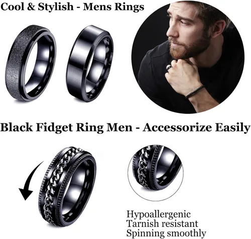 Miniatura 2 de LOWNOUR Anillos antiestrés para la ansiedad, 6 unidades, anillos de acero inoxidable para hombres, anillos giratorios negros para la ansiedad, juego