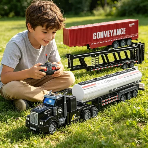 Miniatura 3 de Juego de juguetes de camión RC 3 en 1, incluye transportadores de automóviles, camiones cisterna y camiones contenedores, camión de juguete de Negro
