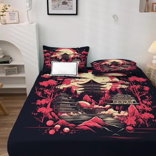 Miniatura 3 de Sábanas japonesas tamaño Queen – Sábanas de cama de estilo asiático, microfibra suave, bolsillo profundo, sábanas y fundas de almohada estampadas