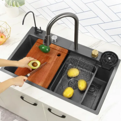 Miniatura 2 de Fregadero de cocina negro con cascada, fregadero de barra de acero inoxidable de un solo cuenco con lavavasos, fregadero de cocina de estación