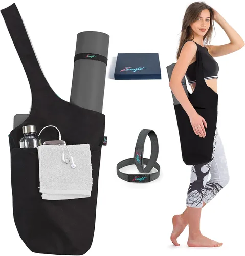 Bolsa para esterilla de yoga: bolsa de yoga versátil con correas para alfombrilla y bolsillos de almacenamiento, sostiene esterillas de yoga y Negro