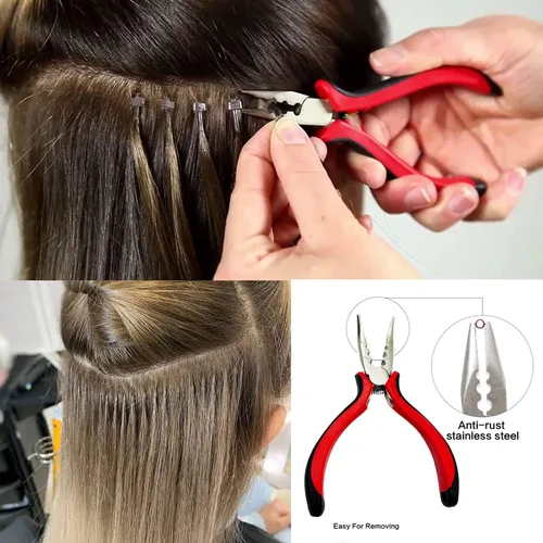 Miniatura 5 de Kit de herramientas de extensiones de cabello, accesorios profesionales de peluquería, 500 piezas de cuentas de micro anillo, 1 alicates de Negro