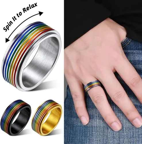 Miniatura 2 de FaithHeart Anillos para ansiedad LGBT Pride Rainbow, acero inoxidablechapado en oro de 18 quilates, joyería de amor es amor para hombres y mujeres