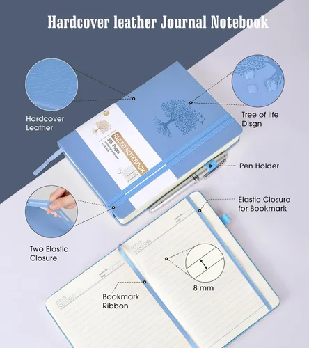 Miniatura 4 de Cuaderno rayado, cuaderno grueso de 365 páginas A5 para escribir, cuaderno rayado de la universidad, tapa dura de cuero para mujeres y hombres, Azul