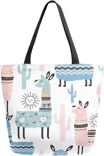 SUABO Bolsa de asas de cocina reutilizable para comestibles, bolsa de compras de lona para exteriores Llama