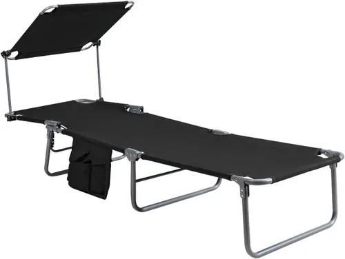 Miniatura 8 de Giantex Silla bronceadora, tumbona de patio con 5 posiciones ajustables, toldo de sombra, bolsillo de almacenamiento, cuna de campamento, sillón