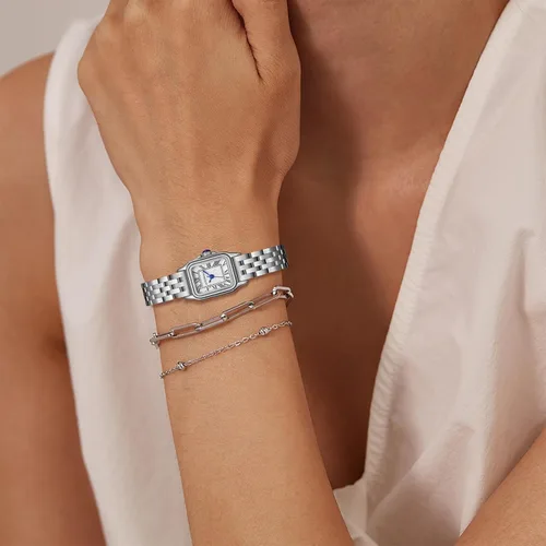 Miniatura 6 de Relojes pequeños de oro para mujer con funda rectangular vintage, esfera romana clásica, banda de acero inoxidable resistente al agua con cadena