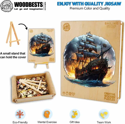 Miniatura 3 de WOODBESTS Rompecabezas de madera para adultos - Barco pirata, rompecabezas de madera de piratas, rompecabezas únicos de madera con animales