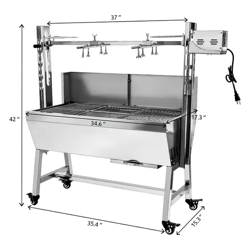 Miniatura 2 de Asador de acero inoxidable, asador de cordero de cerdo pequeño con motor de 25 W, parrilla asadora de carbón de 37 pulgadas para acampar al aire