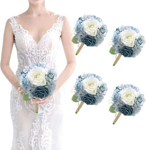 Miniatura 10 de Ramos de dama de honor para boda, juego de 6 ramos de flores artificiales para decoración de otoño, boda, propuesta de matrimonio, fiesta, Naranja