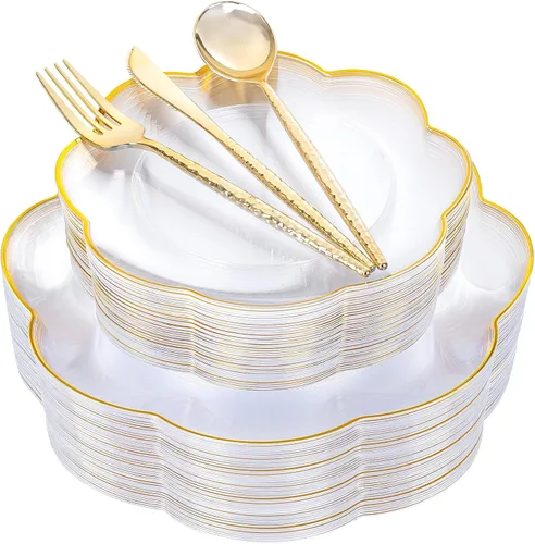 Miniatura 12 de LIYH - 150 platos de plástico transparente y dorado, elegante juego de vajilla desechable de plástico dorado que incluye platos de cena y postre