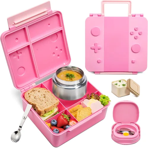 Miniatura 11 de Caja Bento Game para niños, lonchera con termo (tarro de comida de 9 onzas), cuchara plegable, divisor extraíble y taza de salsa, lonchera infantil
