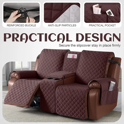 Miniatura 4 de KinCam Funda para Loveseat Reclinable 100% Impermeable con Consola, Fundas Antideslizantes para Sofá Reclinable de 2 Asientos, Funda para Sofá Café
