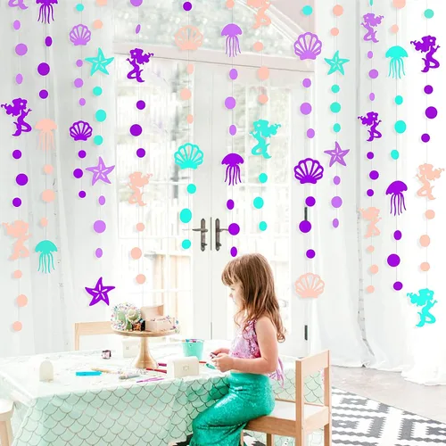 Miniatura 3 de Decoraciones de fiesta de sirena de 52 pies, guirnalda púrpura, verde azulado y coral con medusas, conchas marinas, estrellas de mar, perlas