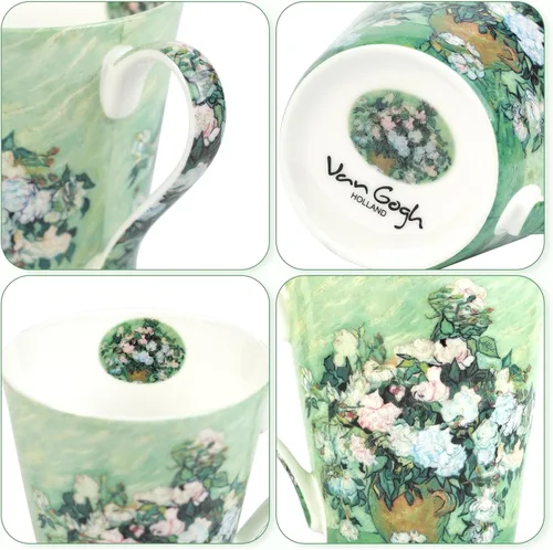Miniatura 4 de Juego de 4 tazas de café, tazas de porcelana de porcelana de hueso de 12 onzas con impresión artística, mango grande, apto para lavavajillas
