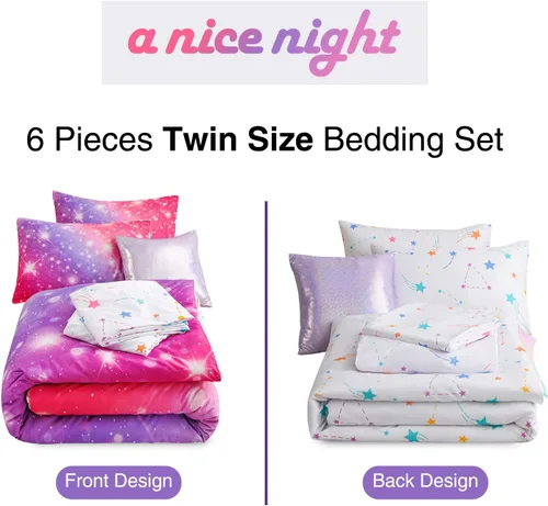 Miniatura 6 de A Nice Night Juego de ropa de cama de 6 piezas con purpurina degradada para niñas, juego de edredón colorido de galaxia arco iris, juegos de ropa