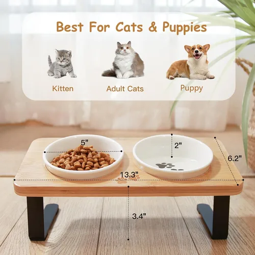 Miniatura 3 de Cuencos elevados de cerámica para gatos con inclinación de 10°, antivómitos y bigotes, cuencos para alimentos y agua con soporte de bambú