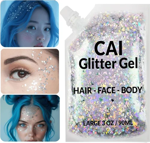 Miniatura 8 de Gel de purpurina para rostro, cuerpo y cabello, purpurina de Halloween para niños y mujeres, gel de grado cosmético de 3 onzas con luna y estrellas