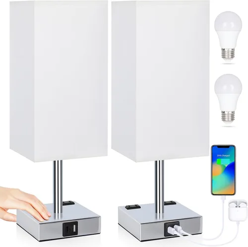 Miniatura 11 de Juego de 2 lámparas de mesita de noche de 3 vías regulables con puerto de carga USB C y USB A, 2 salidas de CA, bombillas LED de 3000 K (negro)