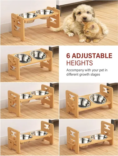 Miniatura 3 de Vantic Cuencos elevados para perros, soporte elevado ajustable para cachorros y gatos pequeños, alimentador de alimentos de bambú resistente