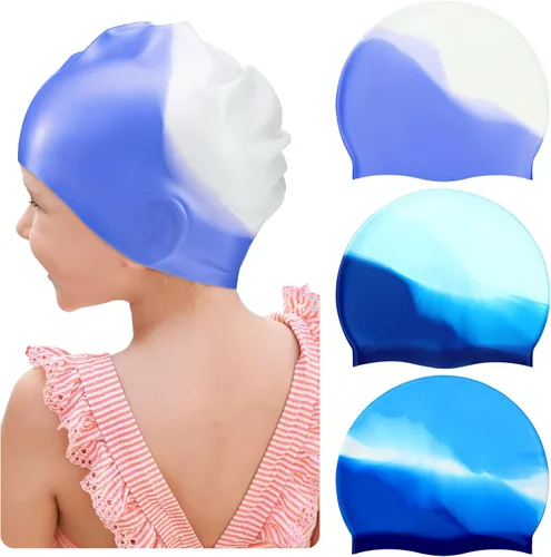 Miniatura 11 de Zhanmai 3 gorras de natación para niños de cabello largo de silicona para niñas y adolescentes con trenzas de pelo largo y rizado, rastas grandes