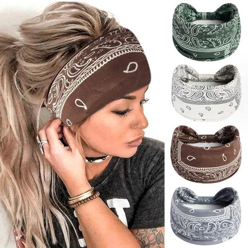 Miniatura 9 de FULZTEY Diademas bohemias para mujer, elegantes diademas con estampado floral, turbante de nudo ancho, elástico, para yoga, correr, entrenamiento