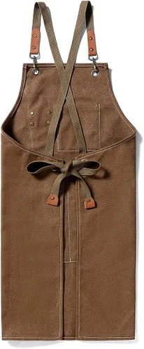 Miniatura 2 de Hyzrz Delantales de chef para hombres y mujeres con bolsillos grandes, lona de algodón con espalda cruzada, delantal de trabajo resistente, Marrón