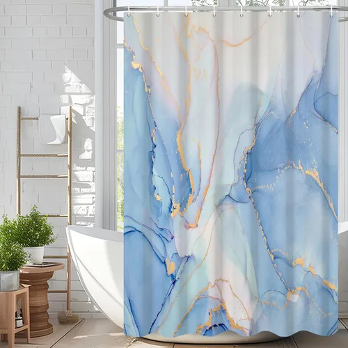 Miniatura 64 de Cortina de ducha abstracta de mármol negro gris y dorado con grietas, cortina de baño moderna ombre impresa, cortina impermeable y lavable de tela