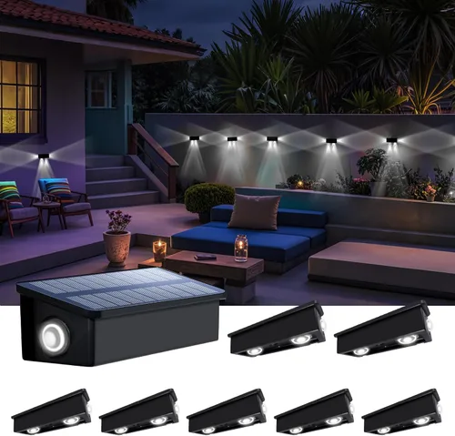 Luces de valla alimentadas por energía solar al aire libre, impermeables, LED de 3 lados, paquete de 8 para patio, cubierta, terraza, barandilla,